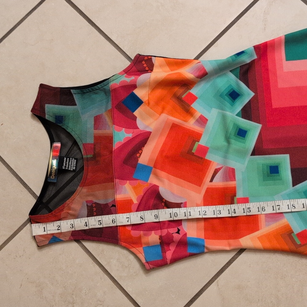 Desigual Shift Dress Geometric Pixel Knit Sheer Mesh Sleeveless Knee Length Blue - Picture 9 of 10